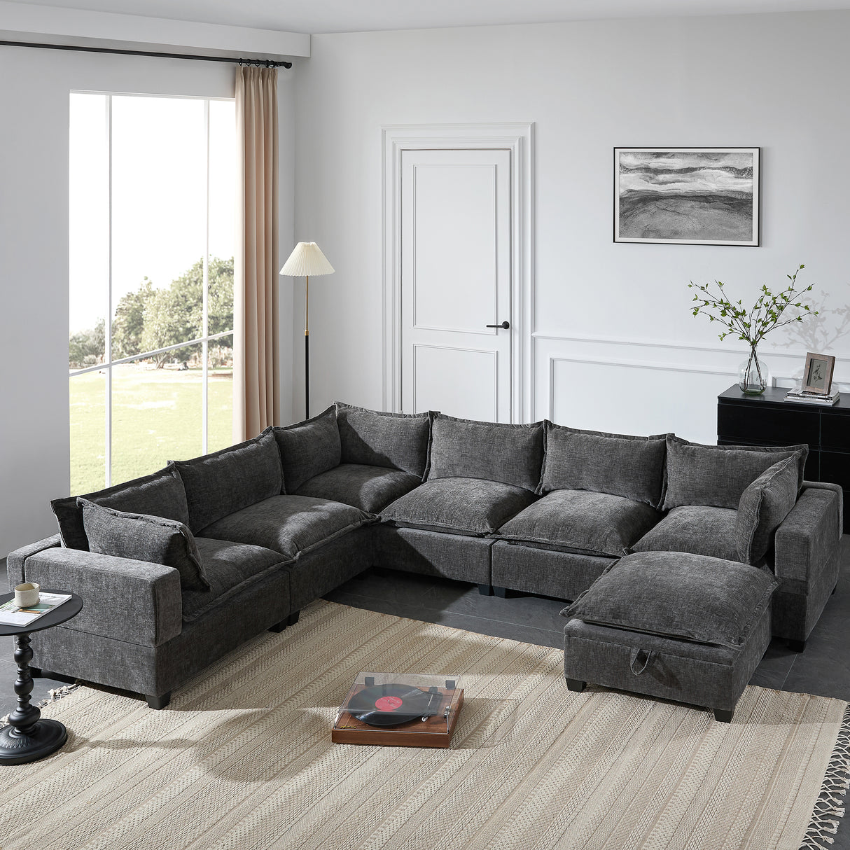 Modular 7-Seat Chenille Sectional Sofa With Storage Ottoman