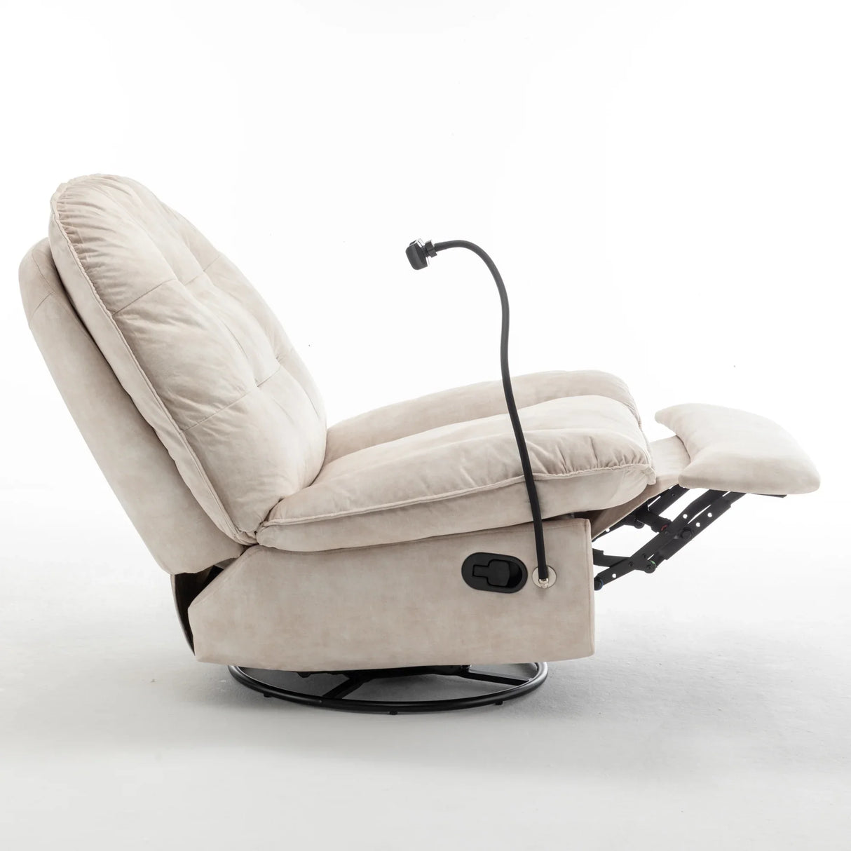 Modern Ivory Velvet Swivel Gliding Recliner Chair With Phone Holder - Omega Lifestyles