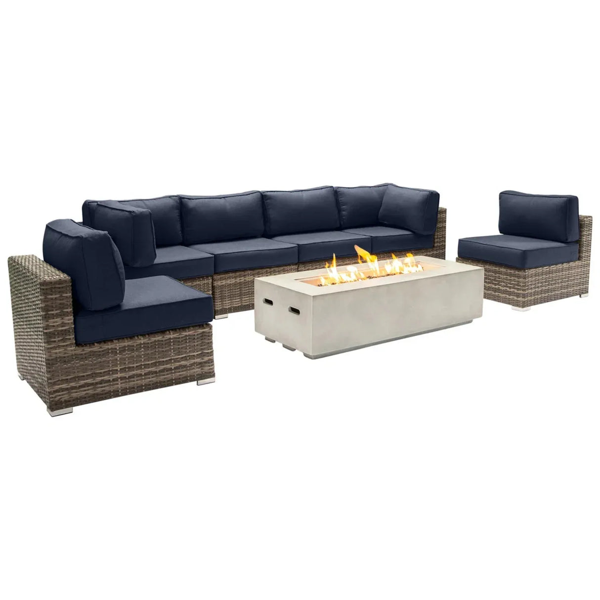 7-Piece Outdoor Seating Set With Firepit And Cushions - Omega Lifestyles