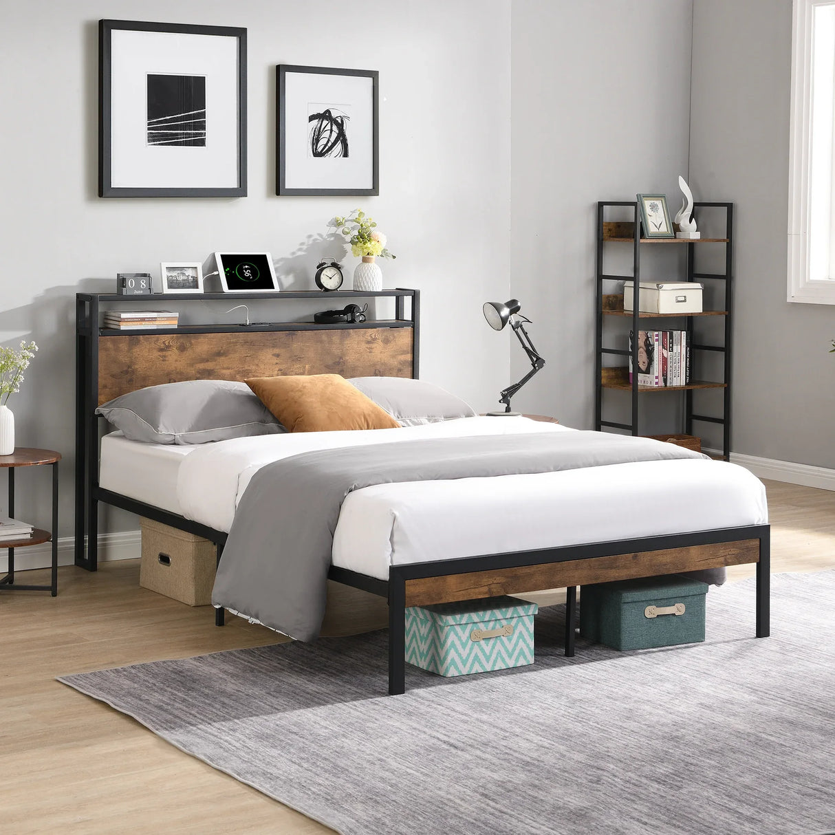 Queen Metal Platform Bed Frame With Wooden Headboard - Omega Lifestyles