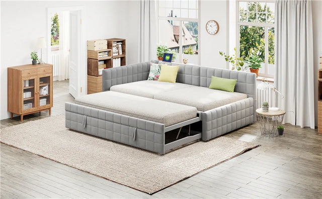 Full Upholstered L-Shaped Daybed With Twin Trundle USB Ports - Omega Lifestyles