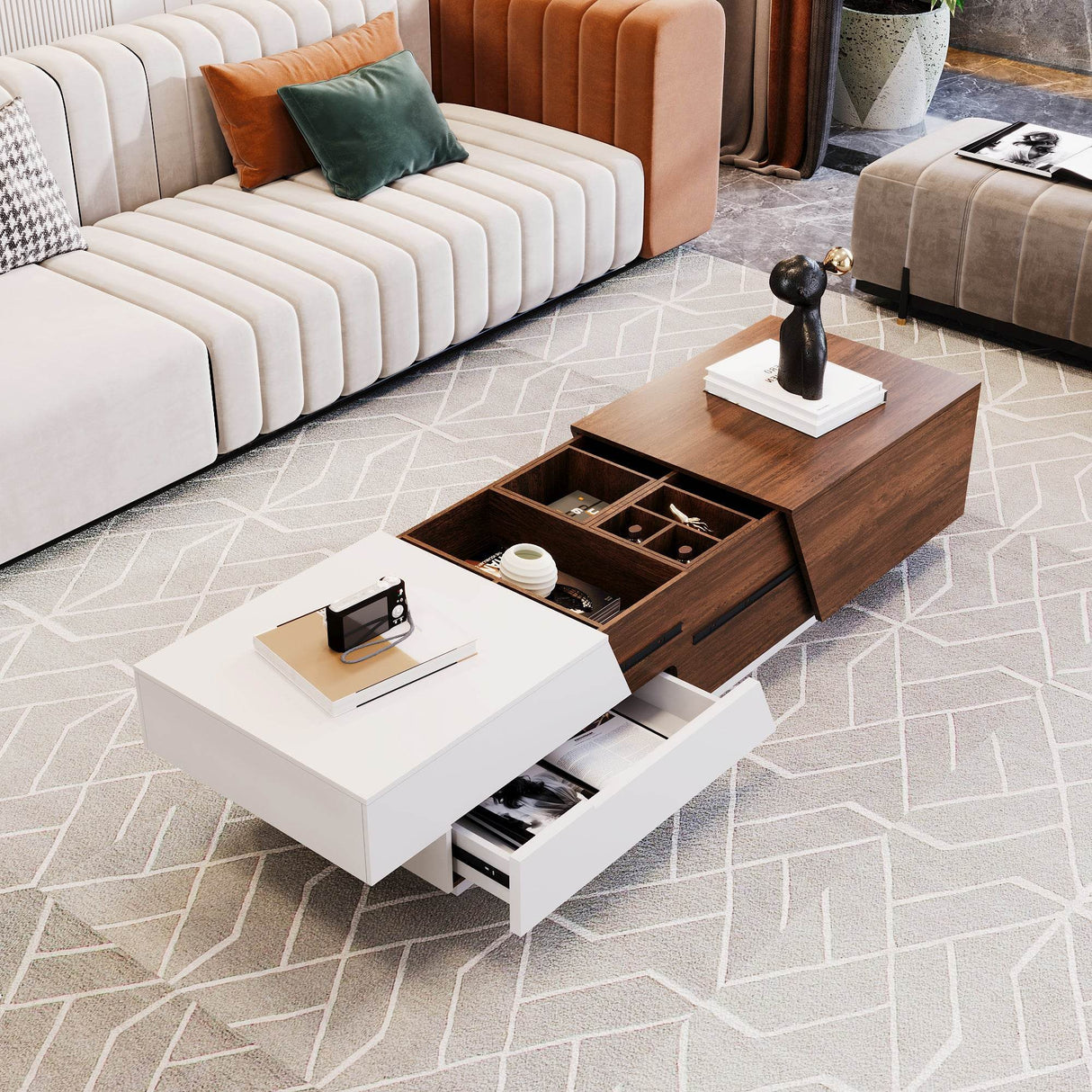 Modern Extendable Sliding Top White Walnut Coffee Table - Sleep Galleria