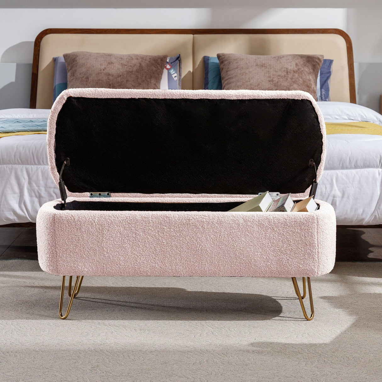 Pink Faux Fur Upholstered Storage Bench With Gold Legs - Omega Lifestyles