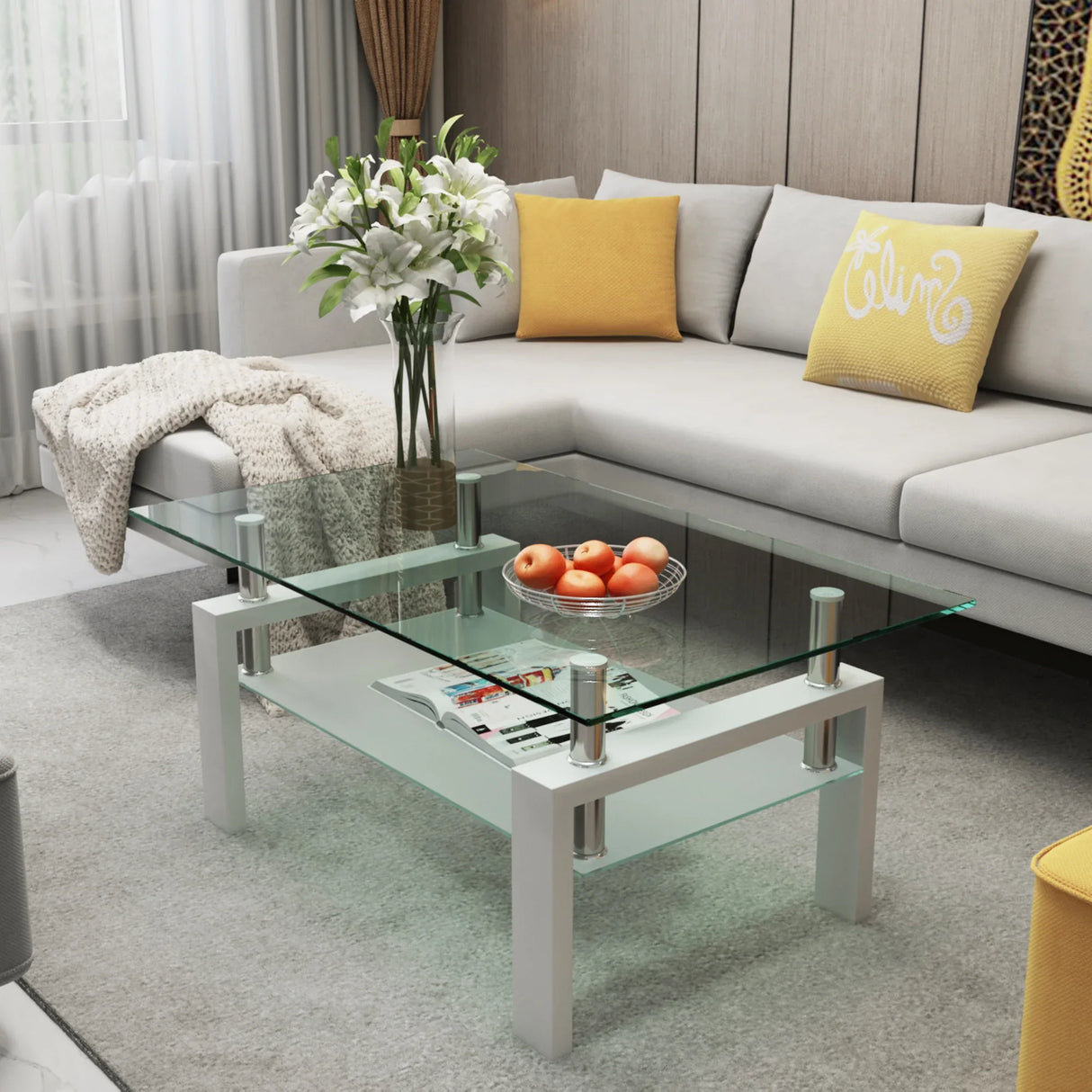 Modern Rectangle Glass Coffee Table With Double Storage - Omega Lifestyles