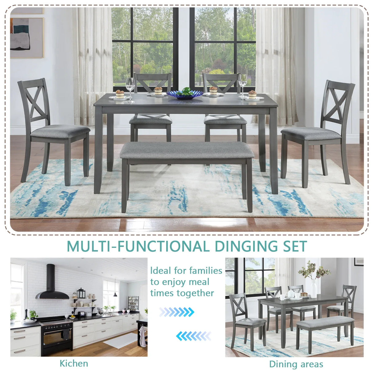 6-Piece Acacia Wood Dining Table Set With Upholstered Chairs - Omega Lifestyles