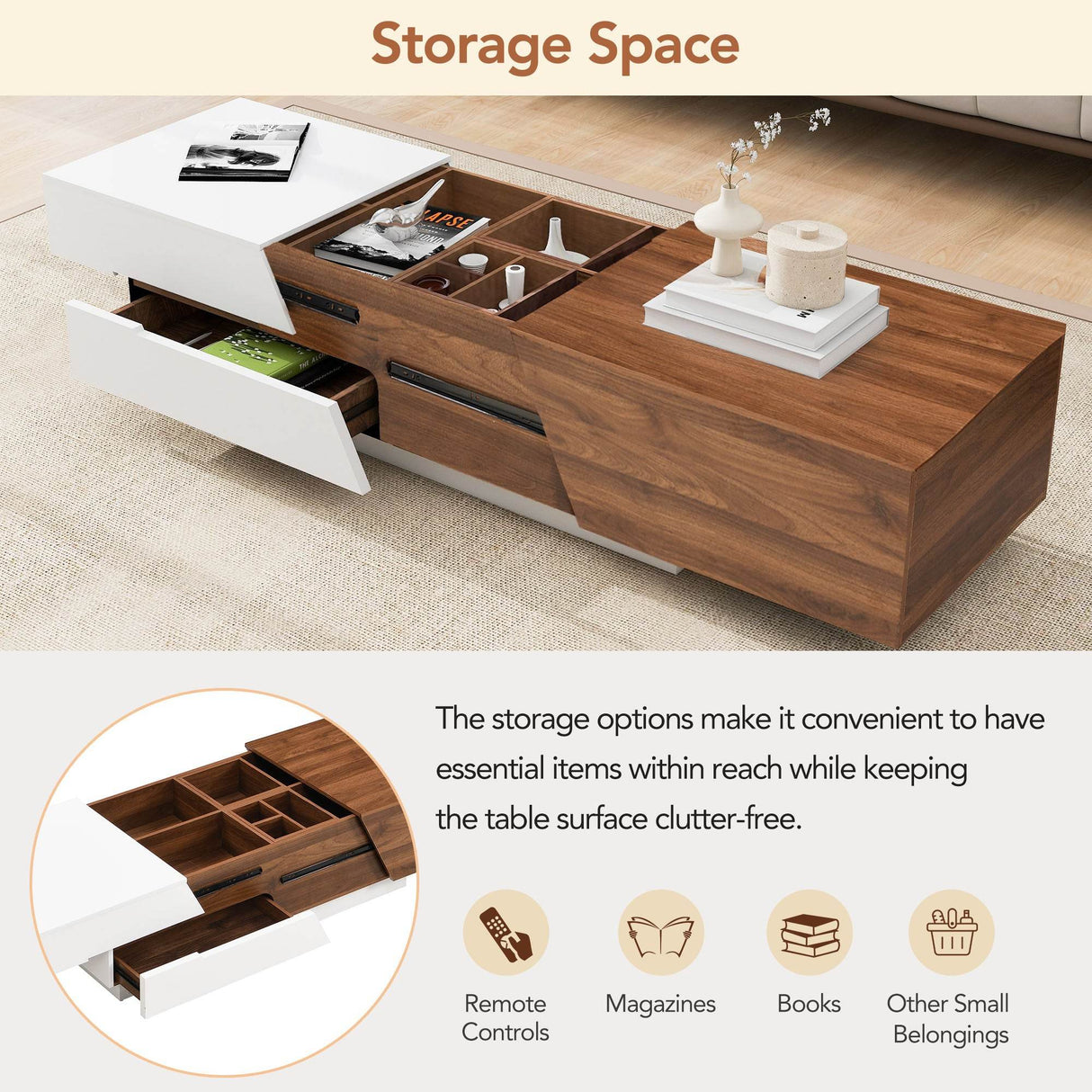 Modern Extendable Sliding Top White Walnut Coffee Table - Sleep Galleria