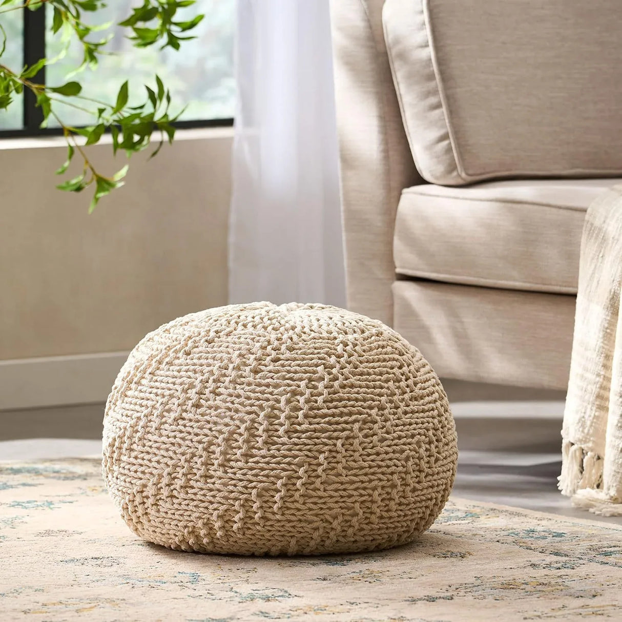 Ivory Cotton Knit Weave Modern Pouf Seat - Omega Lifestyles