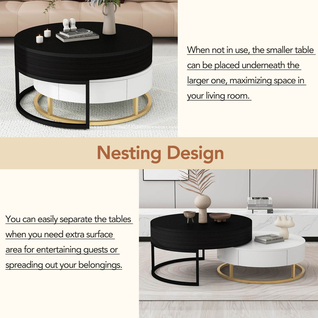 Modern Round Lift-Top Nesting Coffee Tables With Drawers - Sleep Galleria