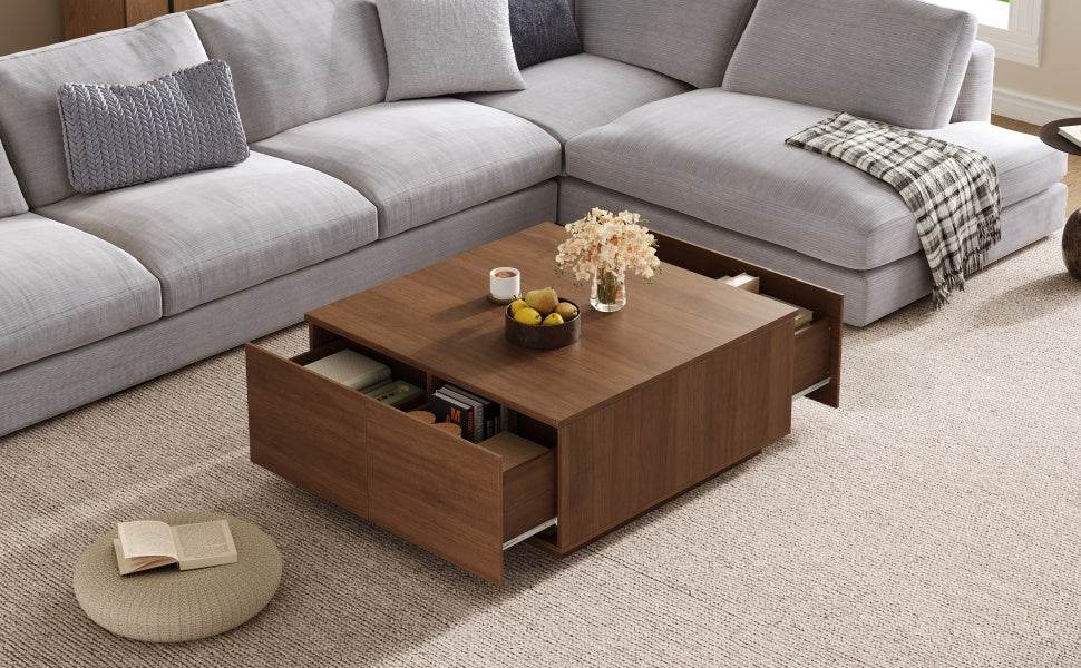 Modern Walnut Square Coffee Table With Four Drawers - Sleep Galleria