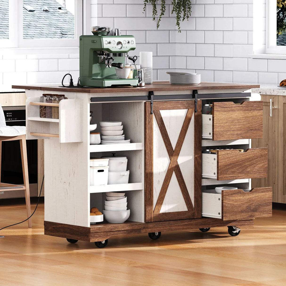 Farmhouse Sliding Barn Door Kitchen Island Cart - Omega Lifestyles