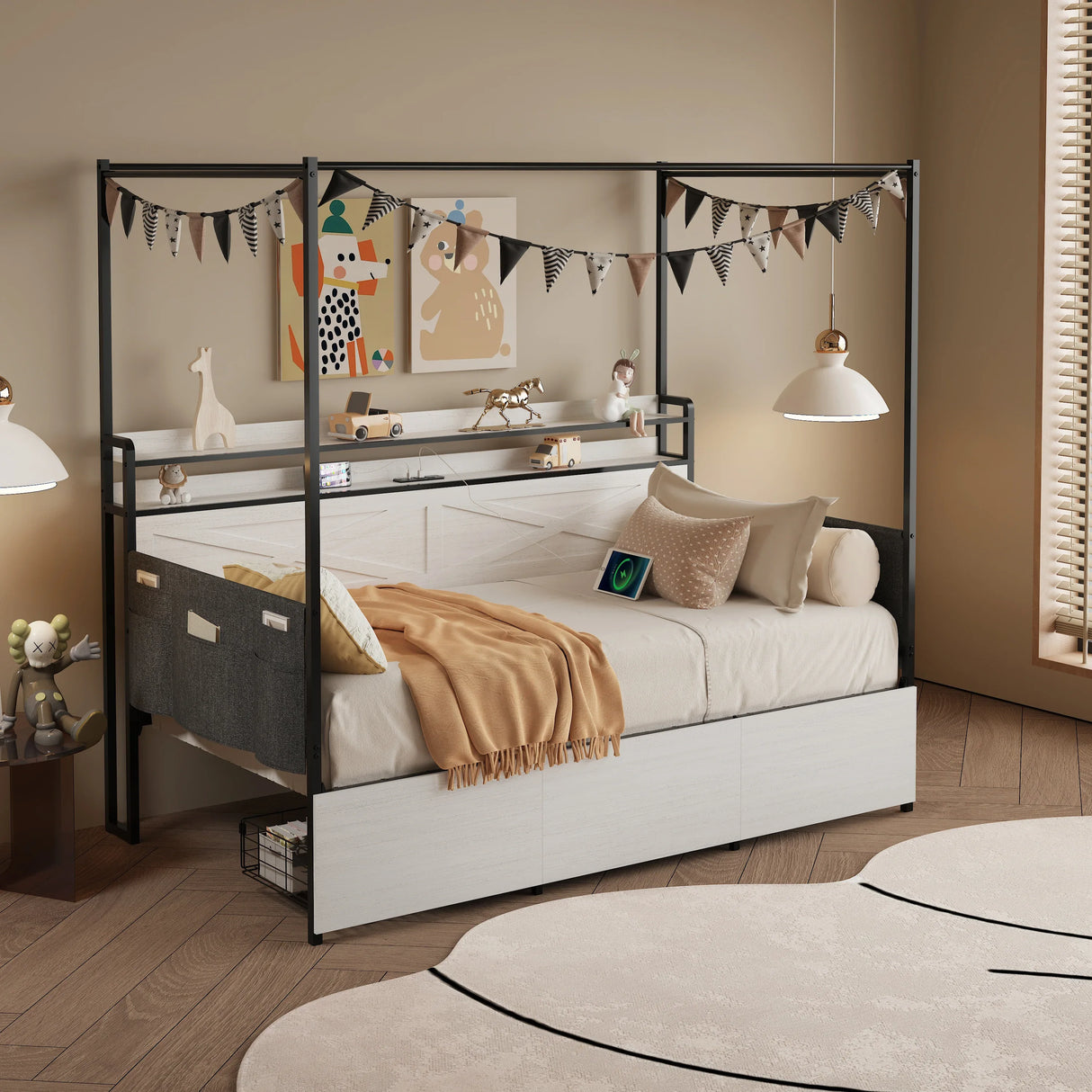 Twin Daybed Frame With 3 Storage Drawers LED Charging Station - Omega Lifestyles