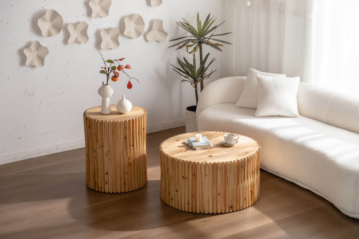 Set of 2 Natural MDF Fir Round Coffee Tables - Omega Lifestyles
