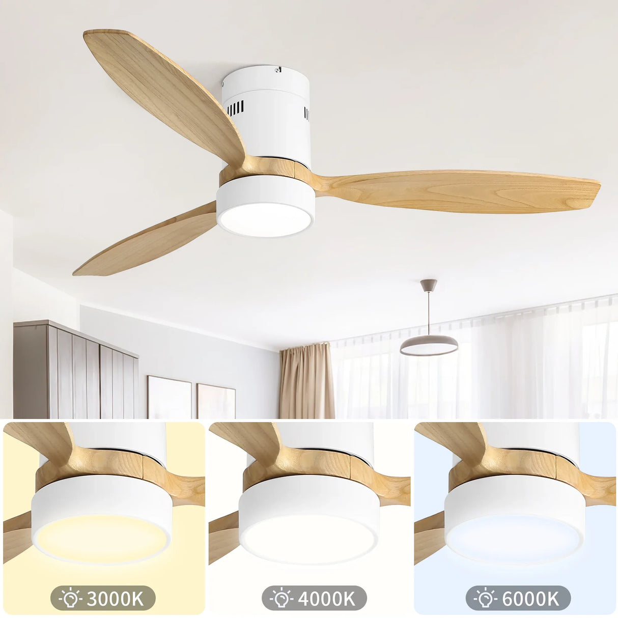 52-Inch Modern Wooden Flush Mount Ceiling Fan With Light - Omega Lifestyles