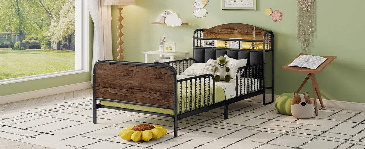 Twin Metal Platform Bed Frame With Upholstered Headboard And LED Light - Omega Lifestyles