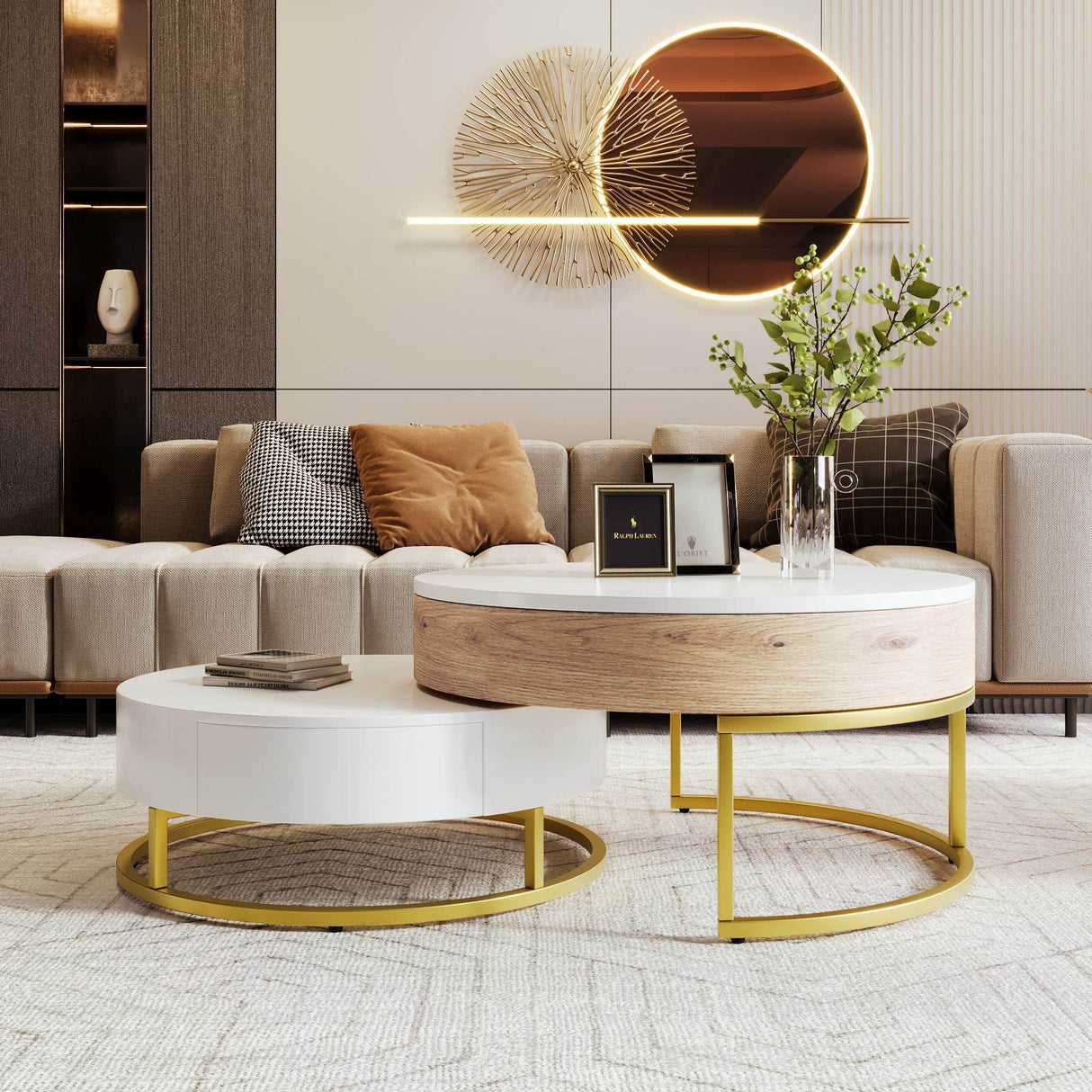 Modern Round Lift-Top Nesting Coffee Tables With Drawers - Sleep Galleria