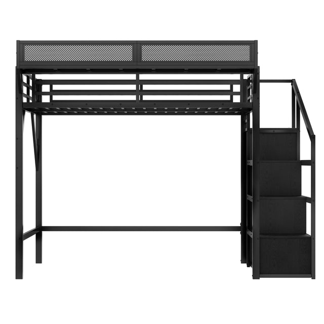 Queen Metal Loft Bed With Storage Stairs USB LED Lighting - Omega Lifestyles