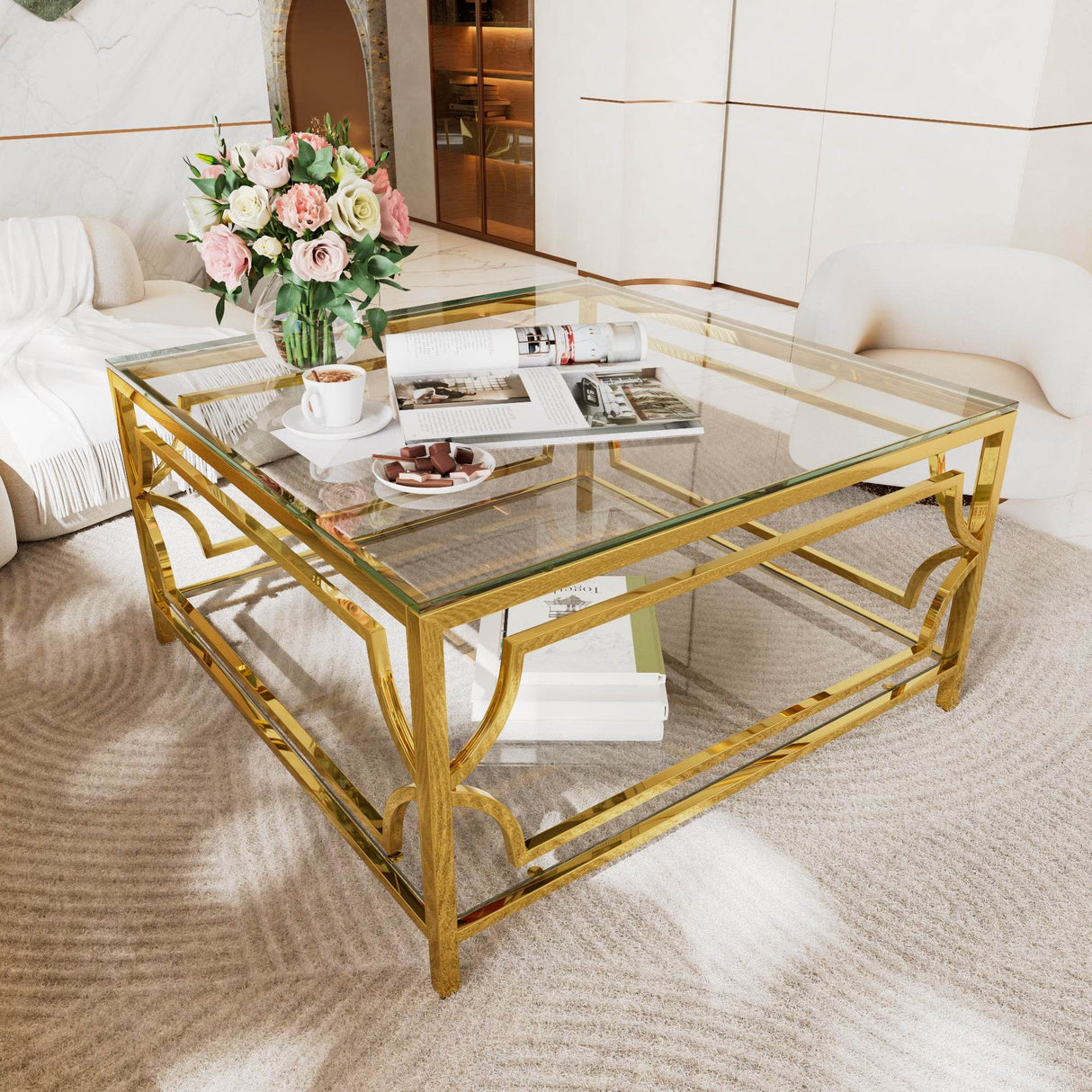 Square Tempered Glass Coffee Table With Gold Frame - Sleep Galleria