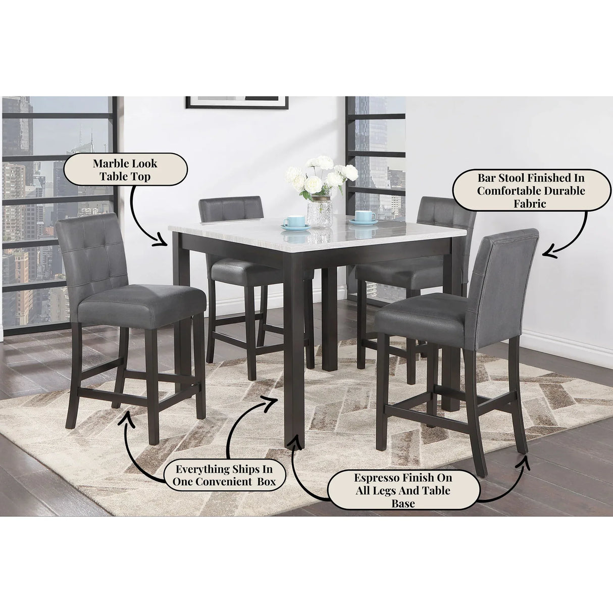 Transitional Casual Solid Wood Dining Table With 4 Stools Set - Omega Lifestyles