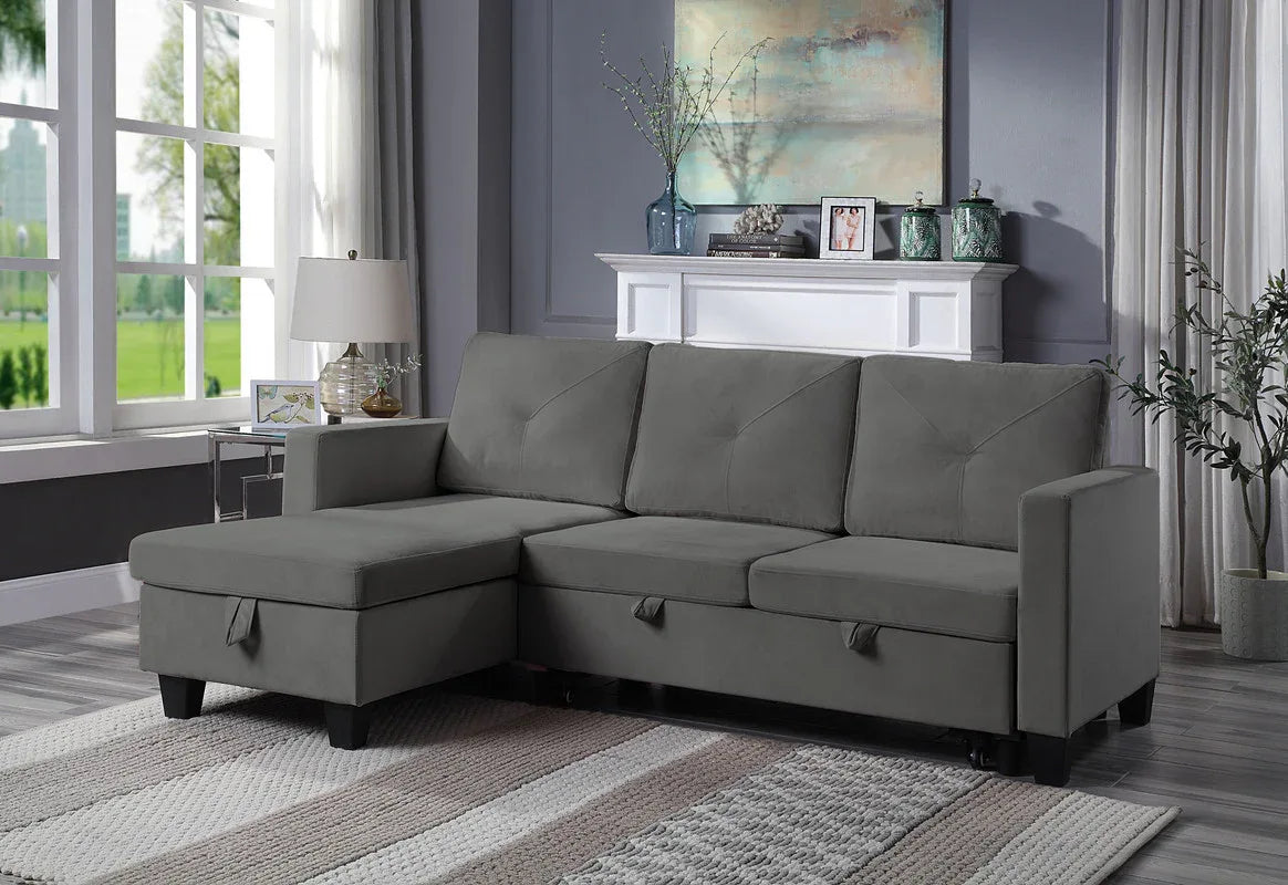 Dark Gray Velvet Reversible Sleeper Sectional Sofa With Chaise - Omega Lifestyles
