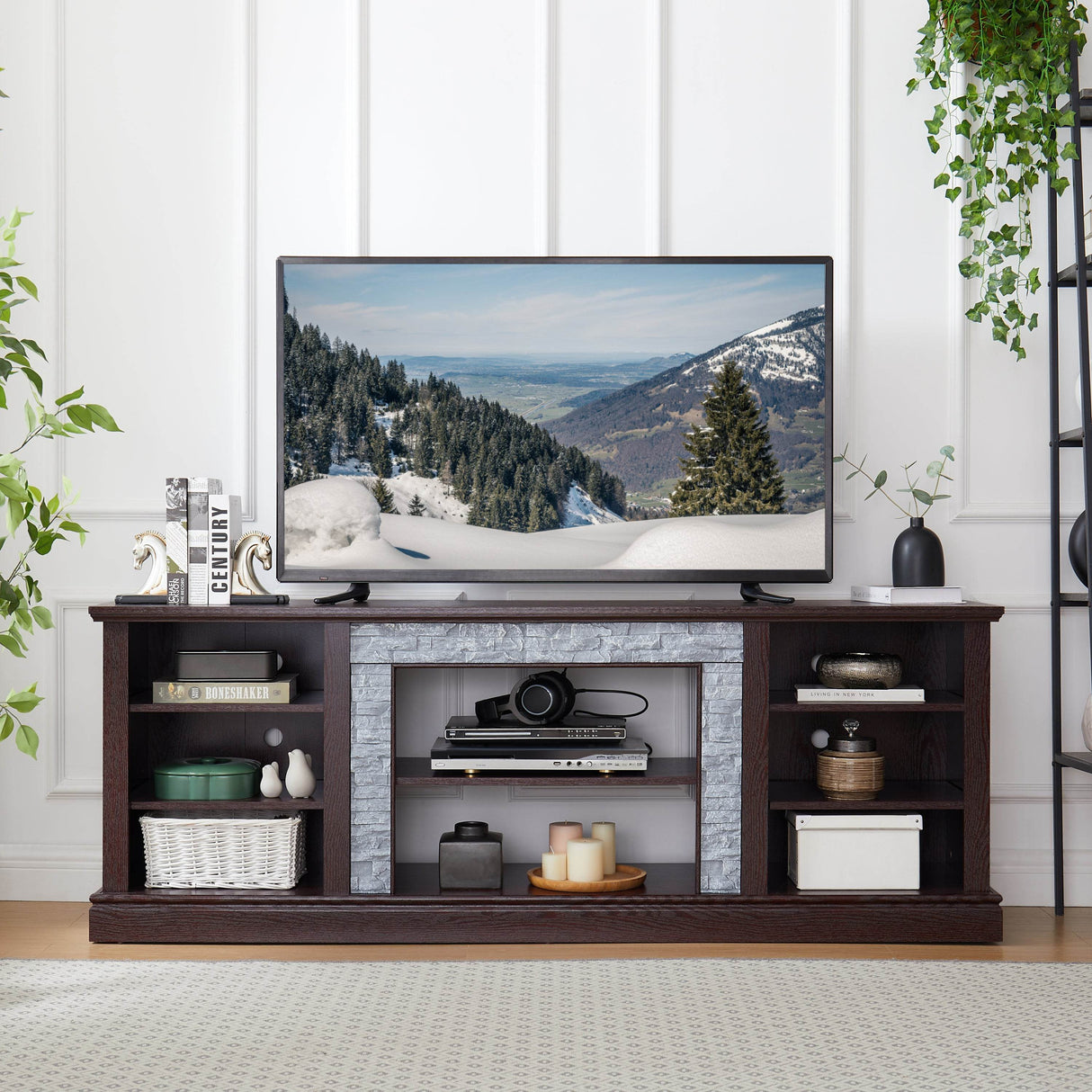 Cherry Faux Stacked Stone TV Stand With Storage Cabinet - Sleep Galleria