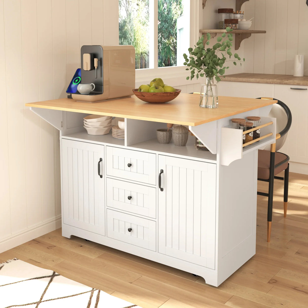 Folding Kitchen Island Cart With Power Outlet and Storage - Omega Lifestyles