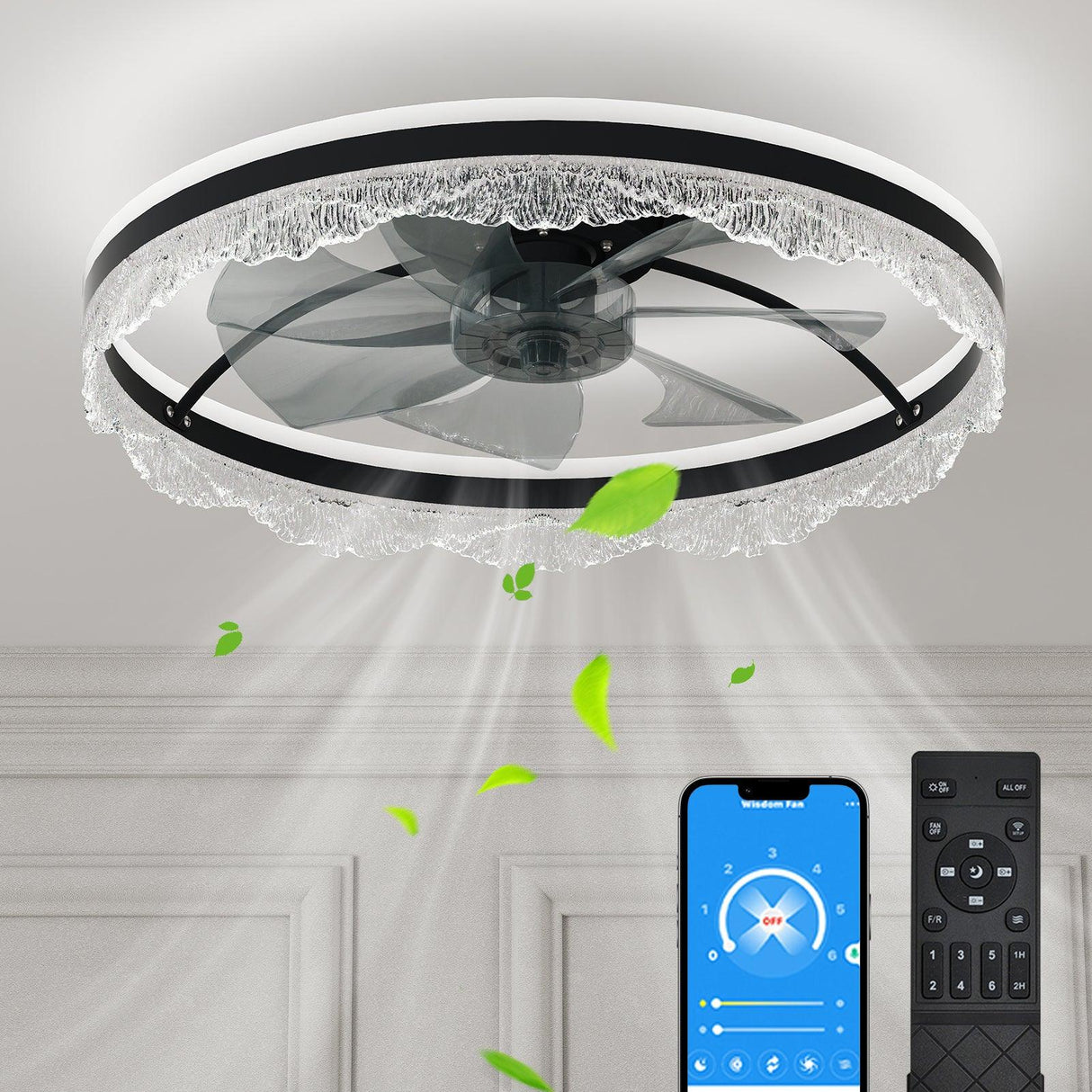 LED Crystal Flush Mount Quiet Ceiling Fan With Light - Omega Lifestyles