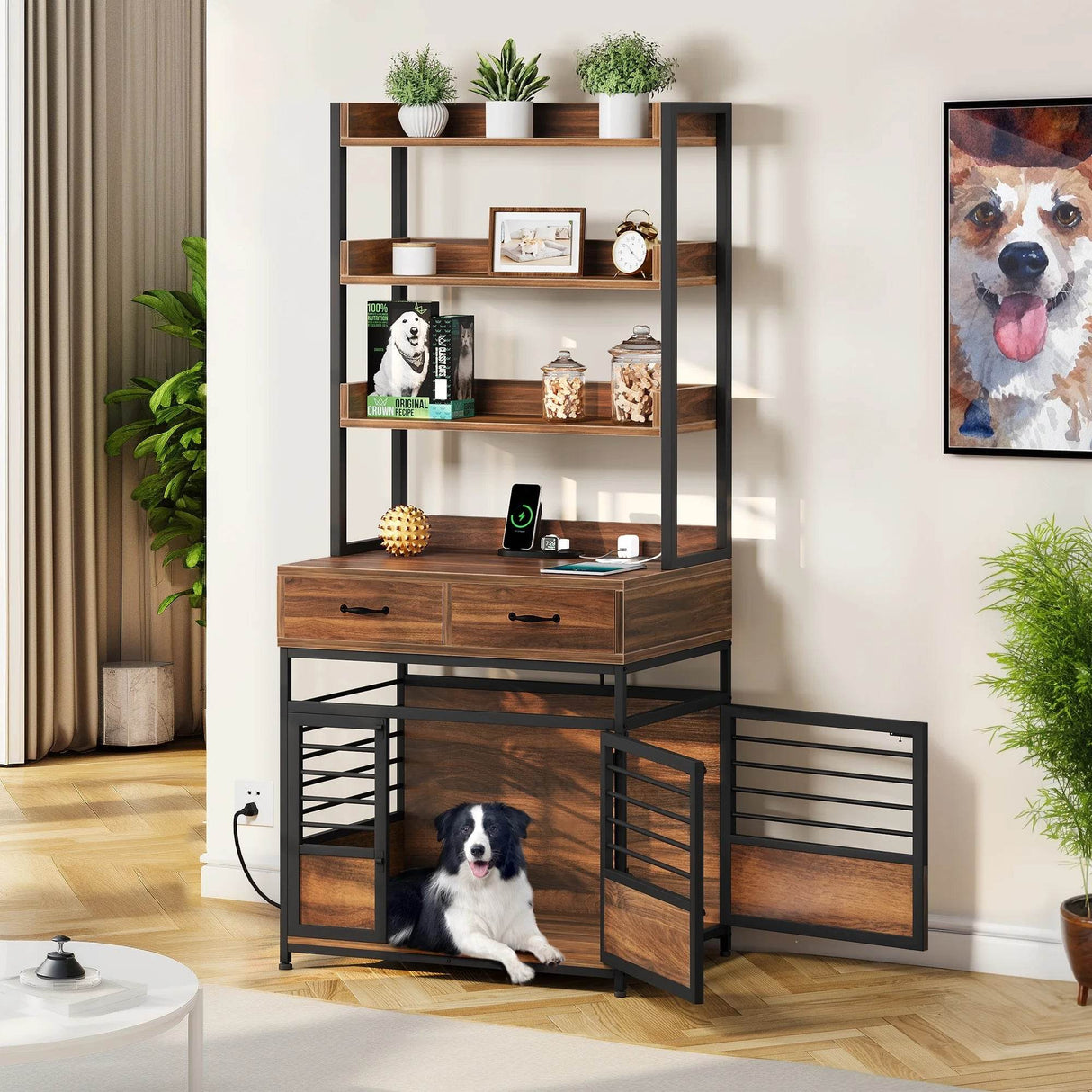 Heavy Duty Pet Cat Dog Crate Furniture with 4 Storage Shelves and 2 Drawers & Charging Station, Cat Litter Box Enclosure Dog Kennel Indoor Furniture - Brown