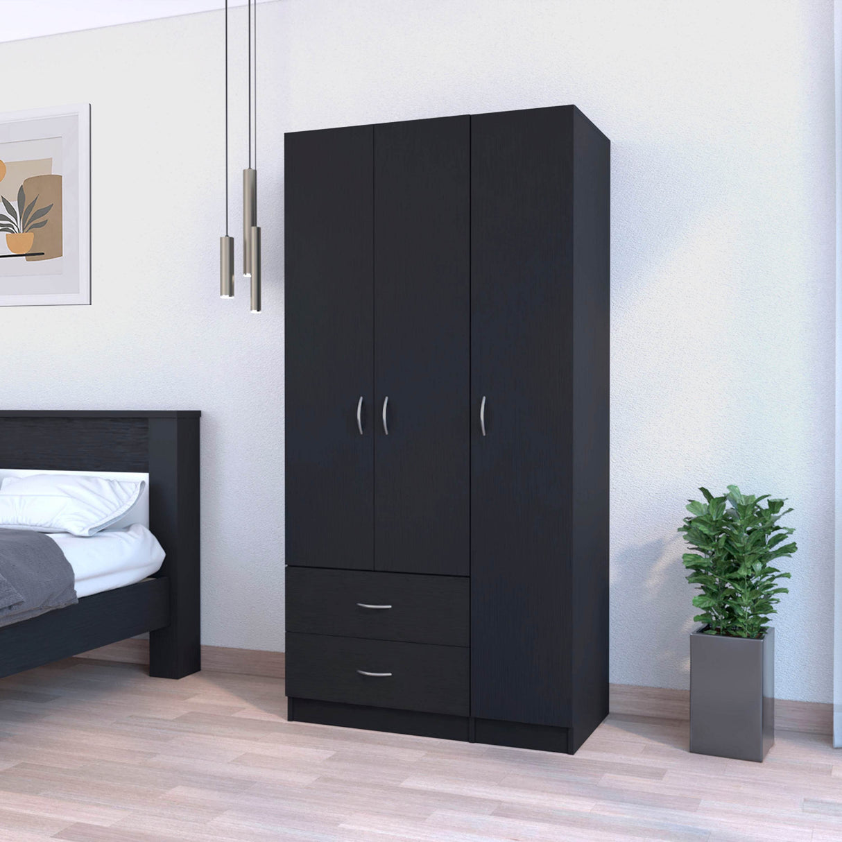 Modern Black Three Door Armoire With Drawers And Shelves
