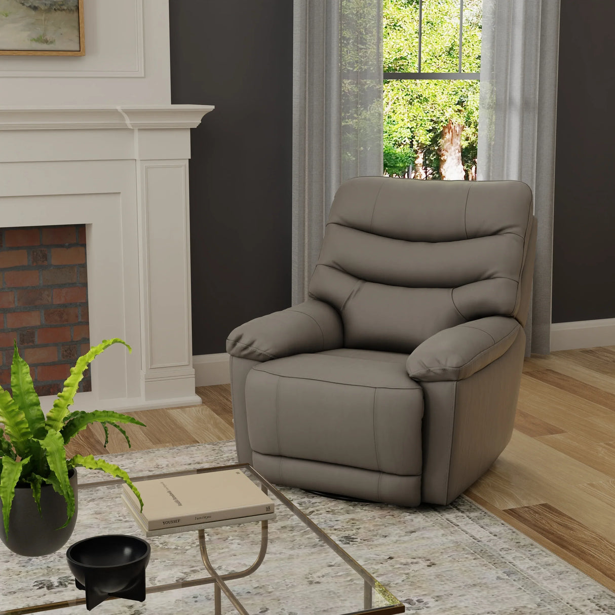 Light Gray Top Grain Leather Swivel Glider Recliner - Omega Lifestyles