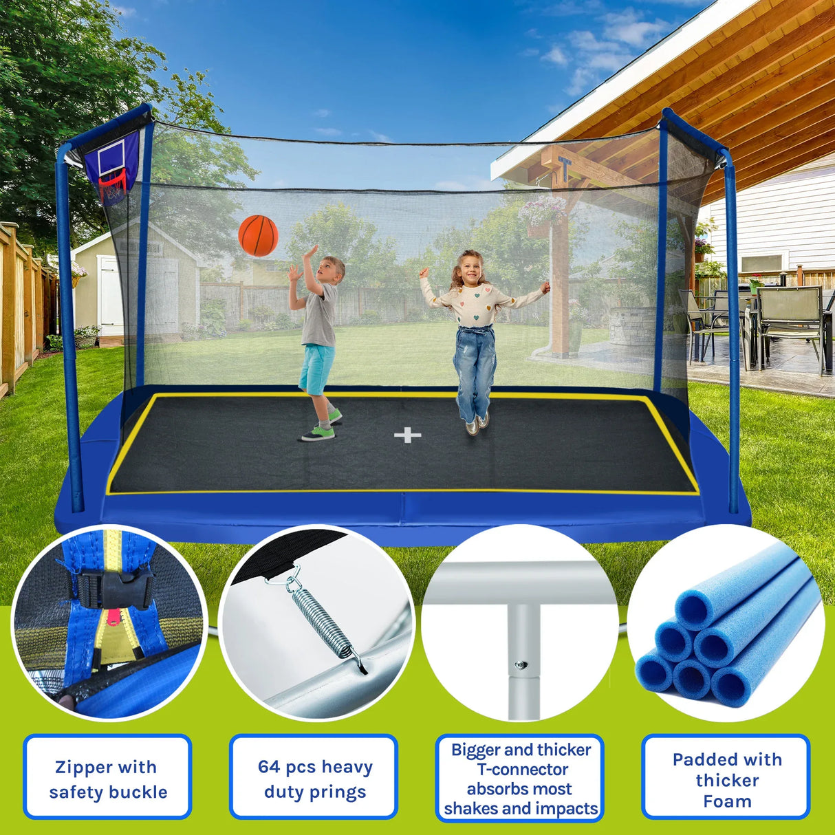 Rectangular Steel Frame Trampoline With Basketball Board - Omega Lifestyles