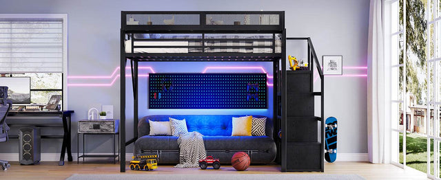 Queen Metal Loft Bed With Storage Stairs USB LED Lighting - Omega Lifestyles