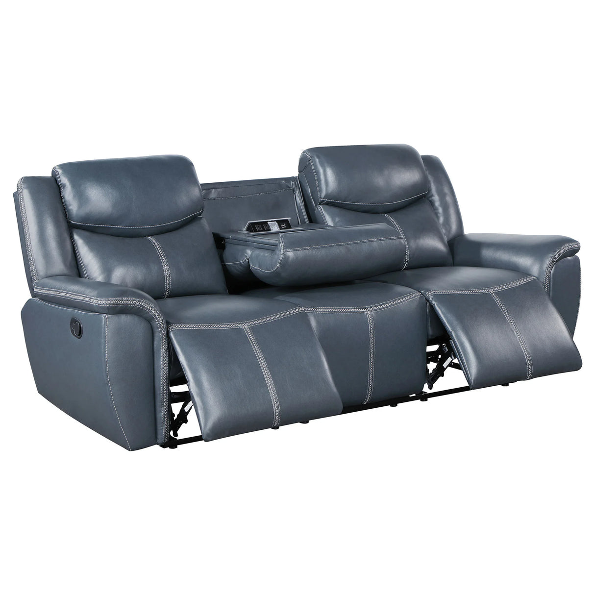 Blue Faux Leather Motion Reclining Sofa With Drop-Down Table - Omega Lifestyles