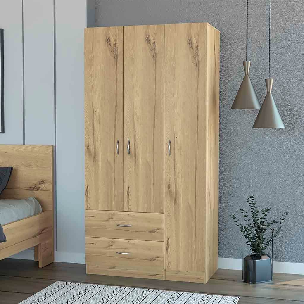 Modern Light Oak Three Door Armoire With Drawers And Rod