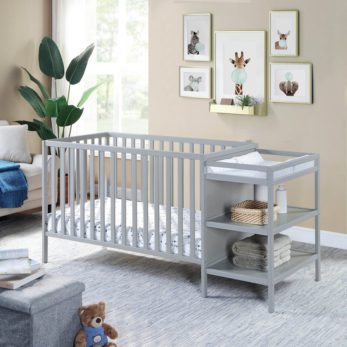 Convertible Solid Wood Gray Crib And Changer Combo