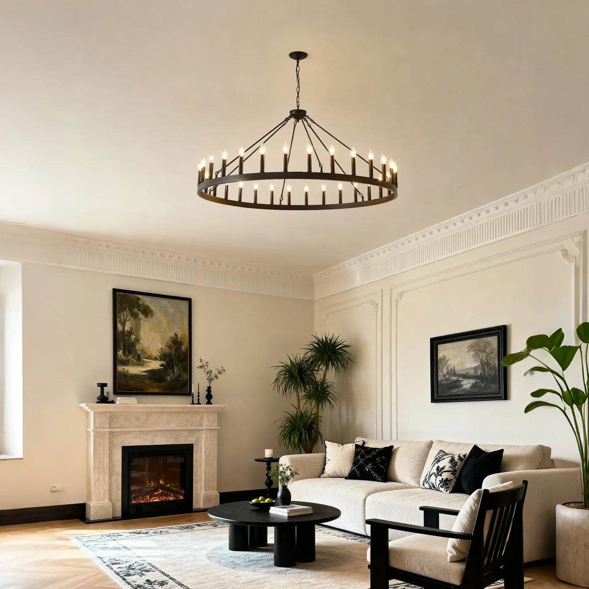 Matte Black Farmhouse Wagon Wheel Chandelier 30-Light - Omega Lifestyles