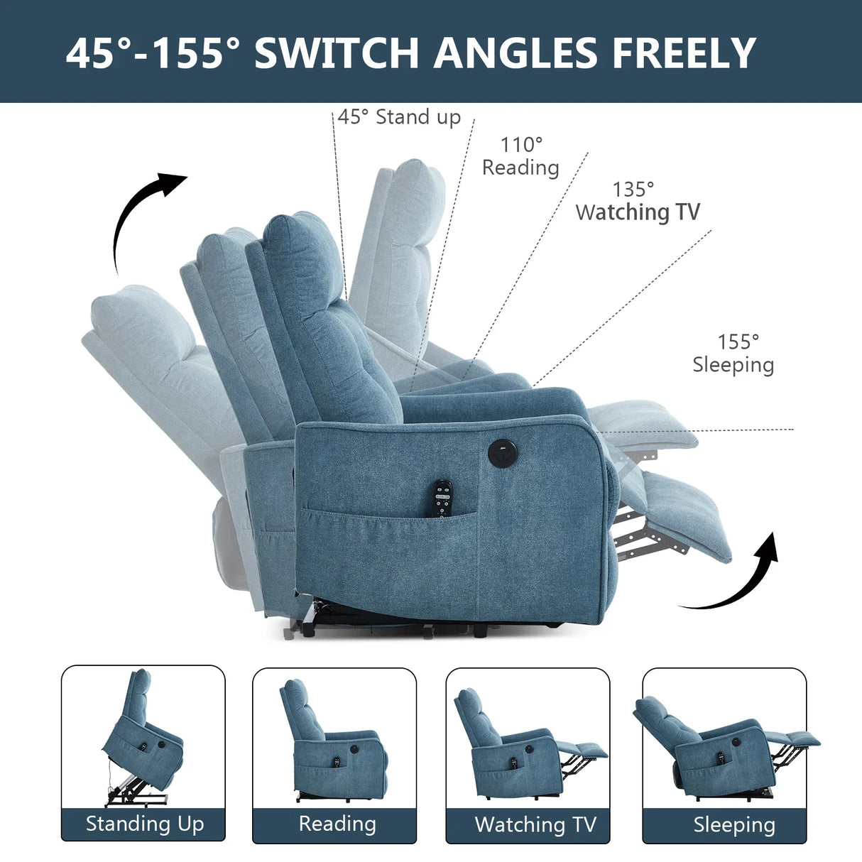 Blue Chenille Medium-Firm Power Lift Massage Recliner Chair - Omega Lifestyles