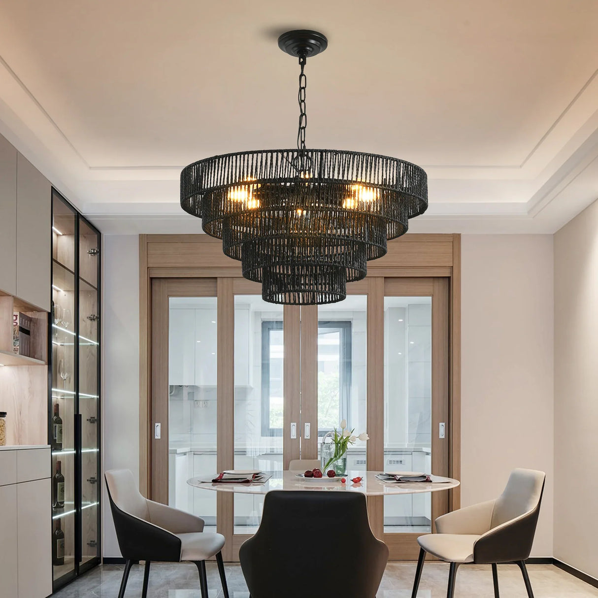 Rustic 5-Tier Black Hemp Rope Pendant Light Chandelier - Omega Lifestyles