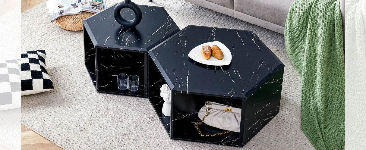 Set Of 2 Modern Minimalist Black Hexagonal Coffee Tables - Sleep Galleria