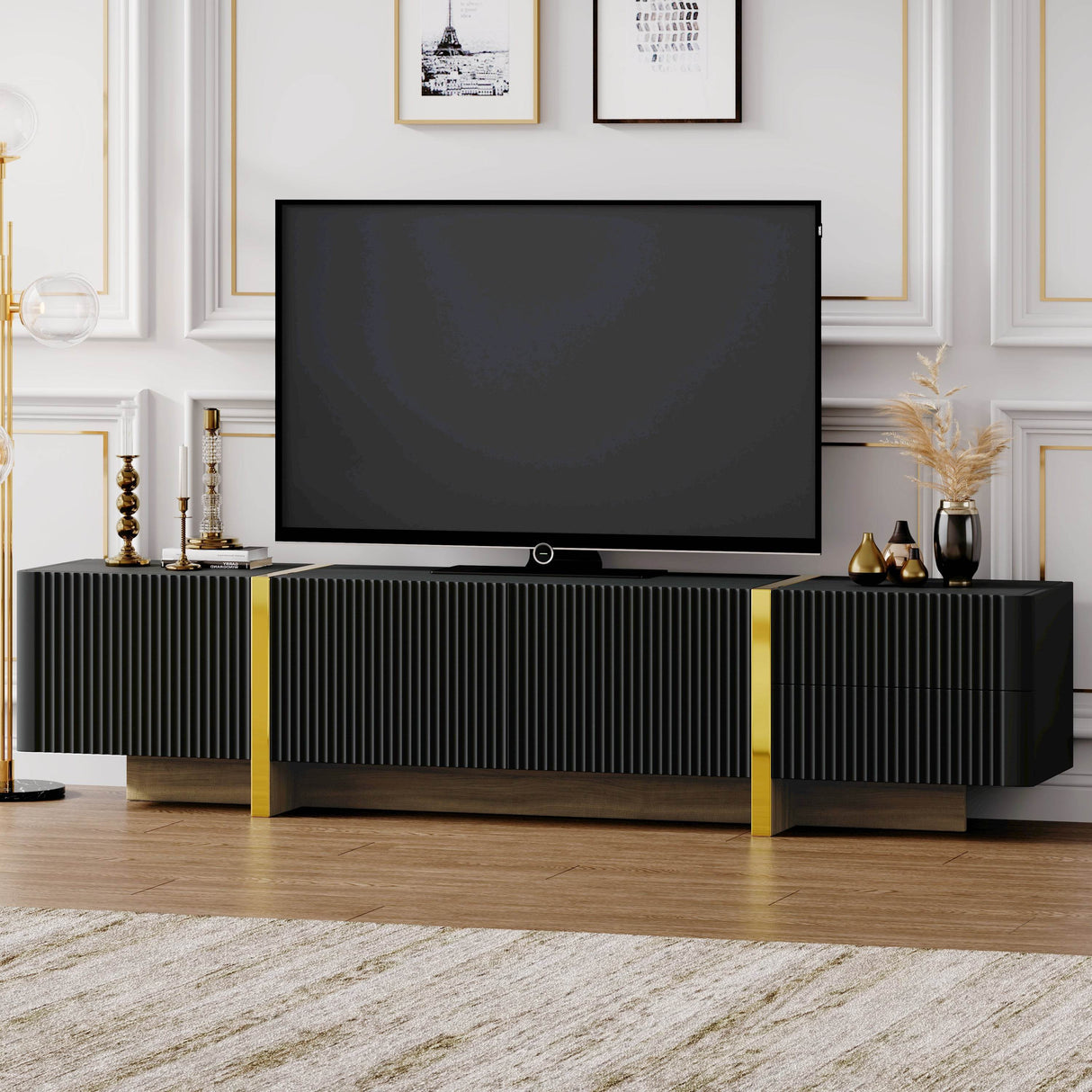 Luxury Fluted Black And Gold TV Stand With Storage - Sleep Galleria