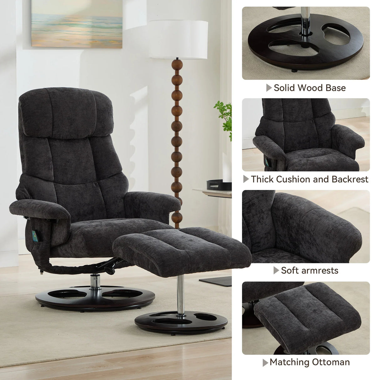 Modern Chenille Recliner Chair With Ottoman And Massage - Omega Lifestyles