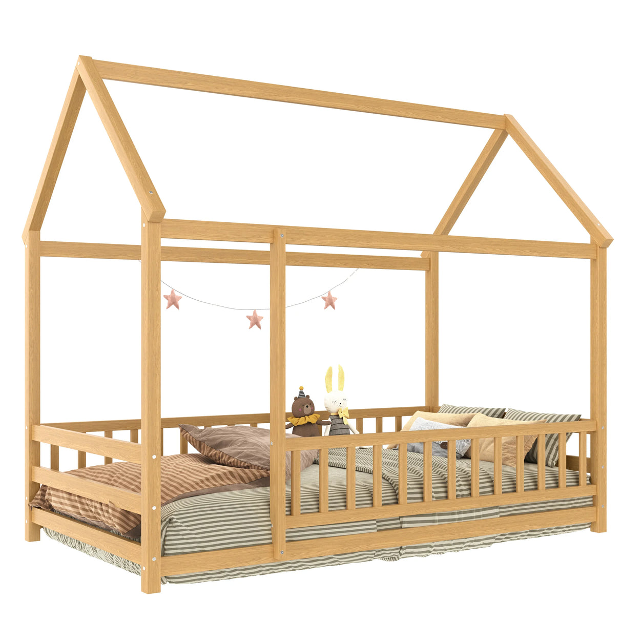 Twin Natural Pine Wood House Frame Floor Bed - Omega Lifestyles