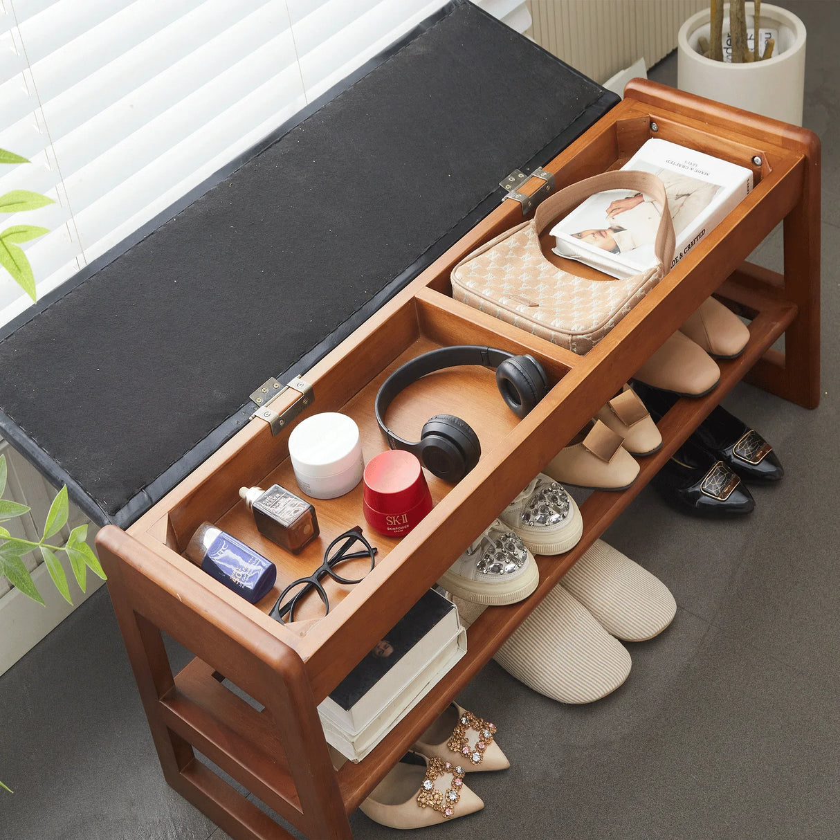 Walnut Rubber Wood Shoe Stool With Flip-Top Storage Bench - Omega Lifestyles