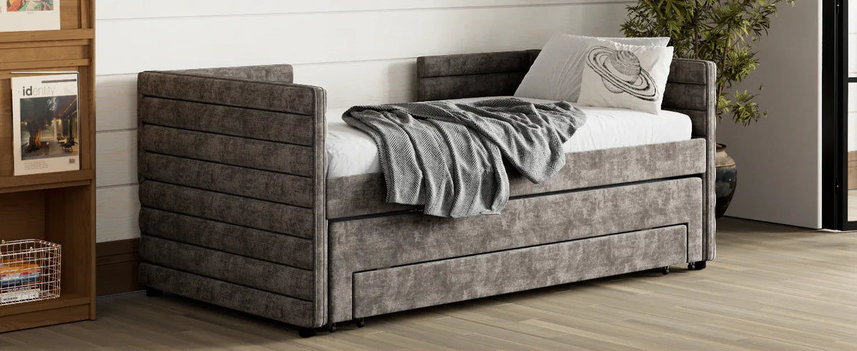 Twin Upholstered Chenille Daybed With Trundle And Drawers - Omega Lifestyles
