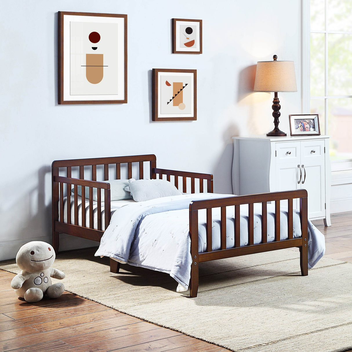 Solid Wood Walnut Toddler Bed With Safety Rails