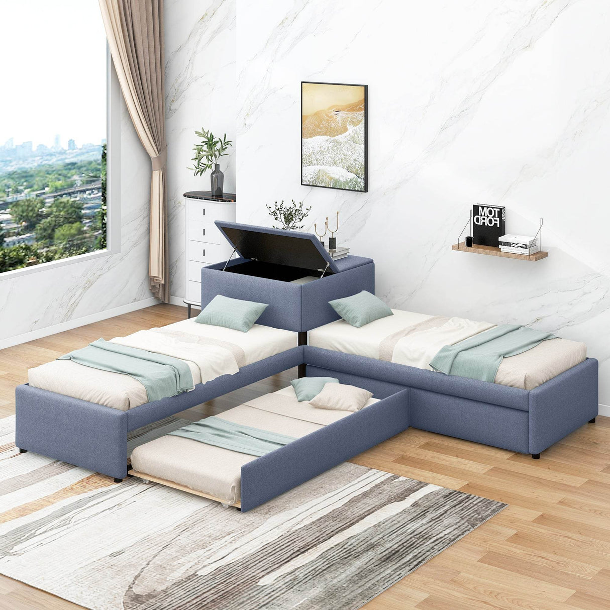 L-Shaped Upholstered Twin Platform Bed With Trundle Desk - Omega Lifestyles