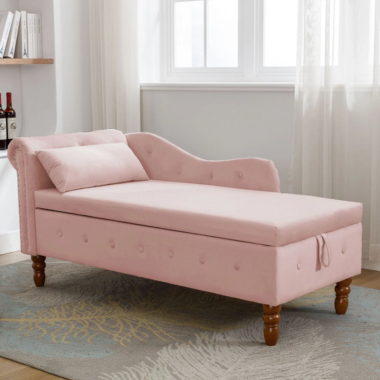 Pink Velvet Storage Chaise Lounge With Pillow - Omega Lifestyles