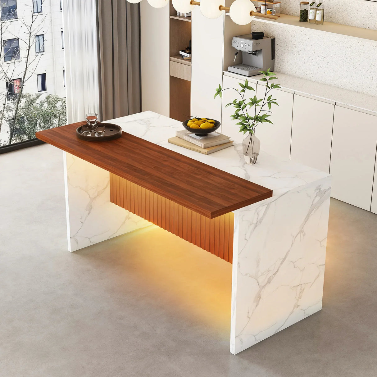 Modern Rectangular Kitchen Island With Marble Look LED Lighting - Omega Lifestyles