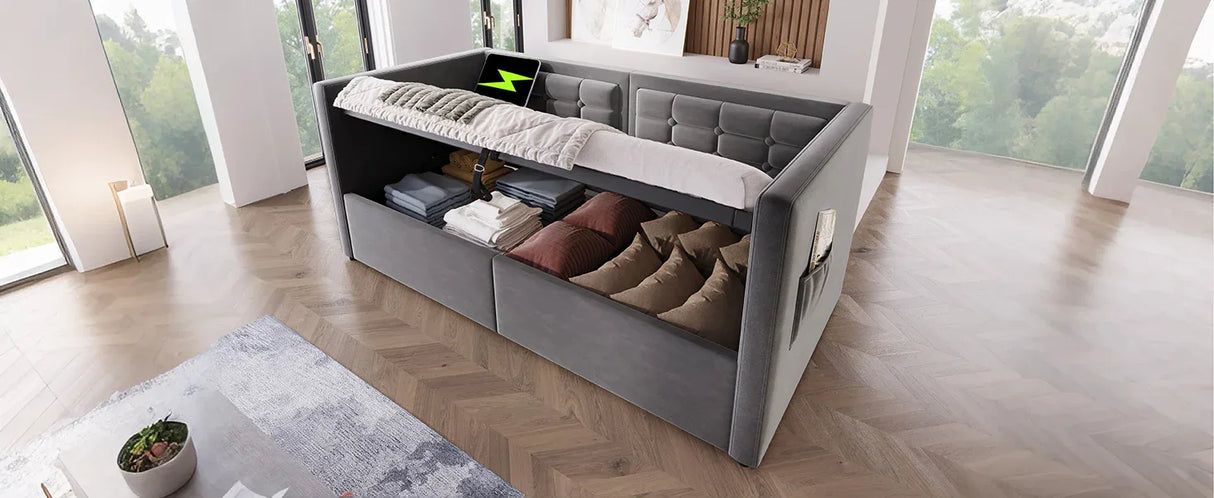 Twin Gray Velvet Upholstered Hydraulic Storage Daybed With USB Charging - Omega Lifestyles