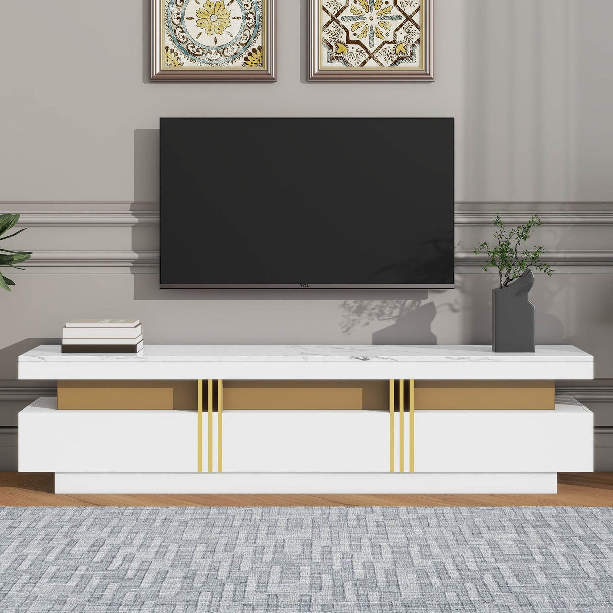 High Gloss White Marble TV Stand With Drawers - Sleep Galleria