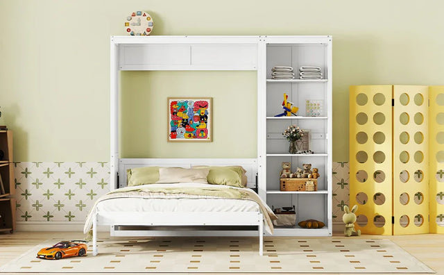 Queen Murphy Bed Wall Bed With Shelves White Solid Wood - Omega Lifestyles